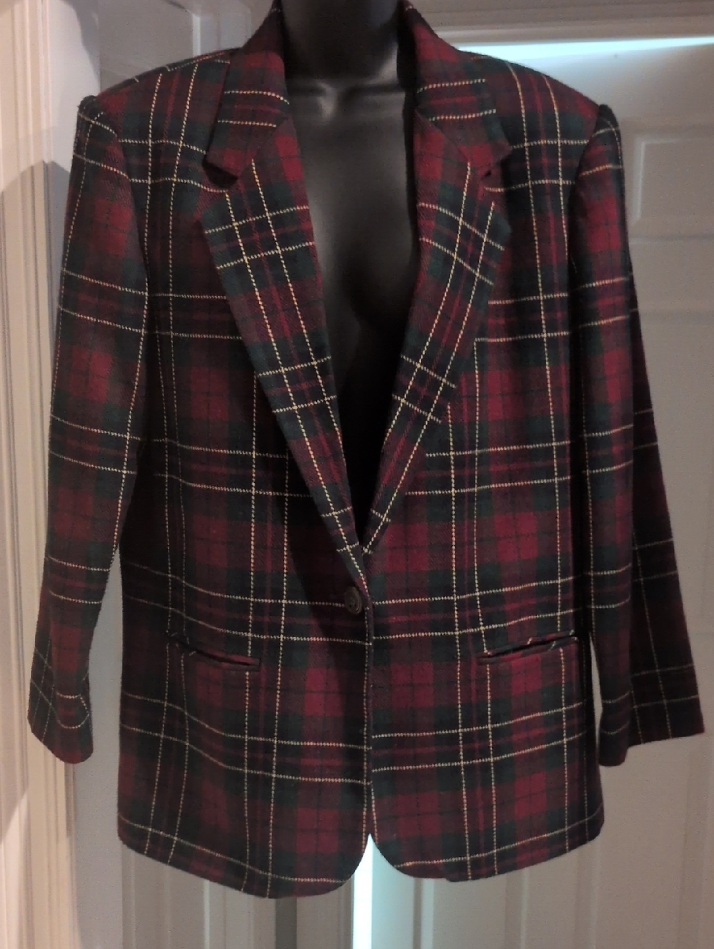 Sag Harbor Women's Plaid Blazer in Burgundy and Forest Green
